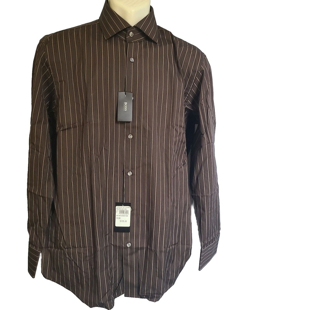 Hugo Boss Cotton Mens Shirt Brown Stripe Long Sleeve Button Down Dress New 16.5